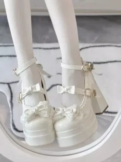 Escarpins Lolita Sweet blanc écru n艙uds cuir PU talon compensé