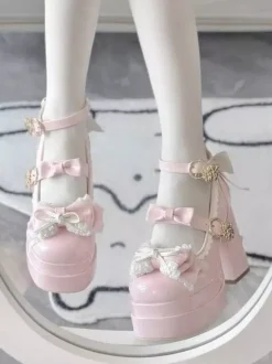 Escarpins Lolita Sweet blanc écru n艙uds cuir PU talon compensé