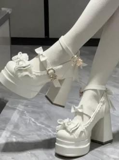 Escarpins Lolita Sweet blanc écru n艙uds cuir PU talon compensé