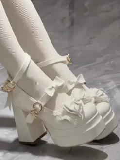 Escarpins Lolita Sweet blanc écru n艙uds cuir PU talon compensé