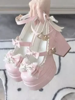 Escarpins Lolita Sweet blanc écru n艙uds cuir PU talon compensé