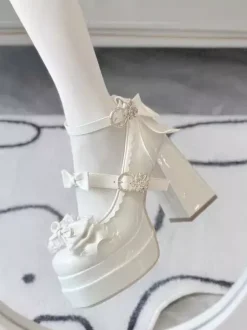 Escarpins Lolita Sweet blanc écru n艙uds cuir PU talon compensé