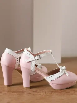 Escarpins Lolita Sweet Lolita à talons compensés en cuir PU avec n艙uds rouges