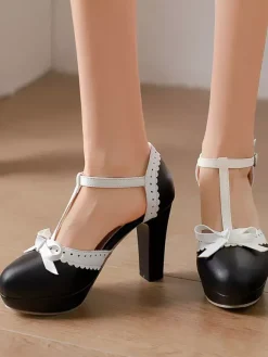 Escarpins Lolita Sweet Lolita à talons compensés en cuir PU avec n艙uds rouges