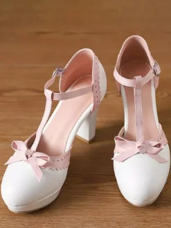 Escarpins Lolita Sweet Lolita à talons compensés en cuir PU avec n艙uds rouges