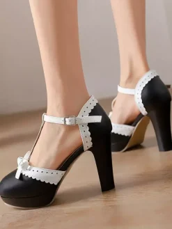 Escarpins Lolita Sweet Lolita à talons compensés en cuir PU avec n艙uds rouges