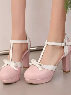Escarpins Lolita Sweet Lolita à talons compensés en cuir PU avec n艙uds rouges