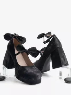 Escarpins Lolita Sweet n艙uds vert foncé tige en micro-daim talon compensé.