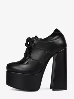 Escarpins noirs à talons hauts et plateforme bout rond lacets et talons épais pour femmes