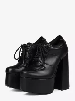 Escarpins noirs à talons hauts et plateforme bout rond lacets et talons épais pour femmes