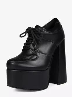 Escarpins noirs à talons hauts et plateforme bout rond lacets et talons épais pour femmes