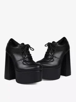 Escarpins noirs à talons hauts et plateforme bout rond lacets et talons épais pour femmes