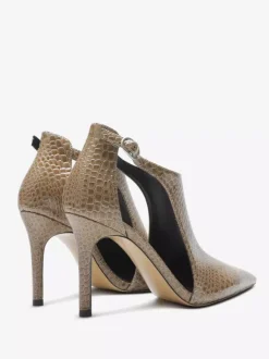 Escarpins noirs à talons hauts motif serpent bout pointu découpe et bride cheville.