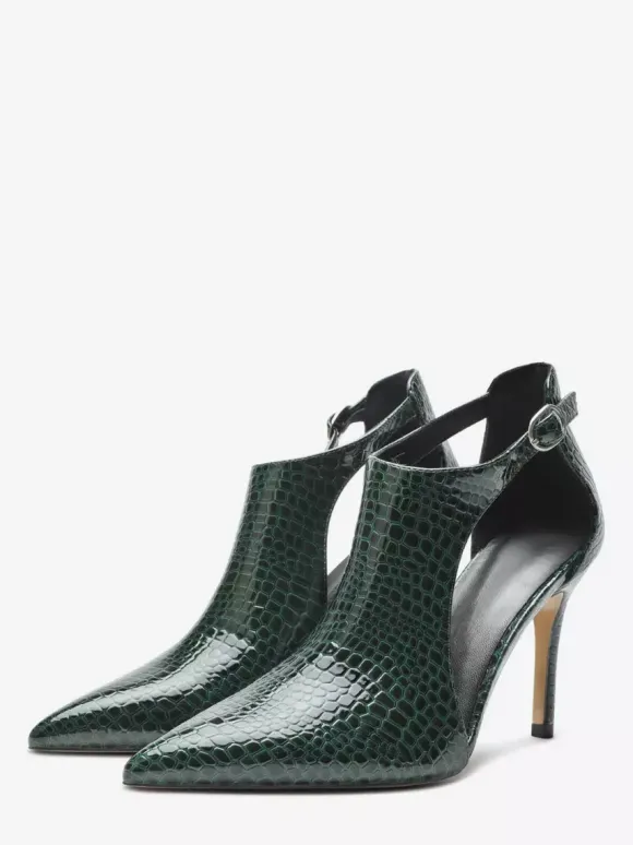 Escarpins noirs à talons hauts motif serpent bout pointu découpe et bride cheville.
