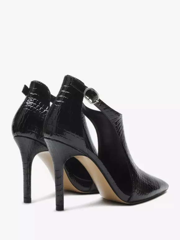 Escarpins noirs à talons hauts motif serpent bout pointu découpe et bride cheville.