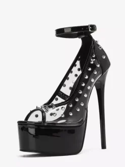 Escarpins noirs sexy à plateforme pour femmes bout ouvert rivets et bride cheville