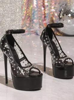 Escarpins noirs sexy à plateforme pour femmes bout ouvert rivets et bride cheville