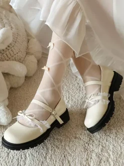 Escarpins plats Lolita en cuir PU bout rond lacets bleus et n艙uds