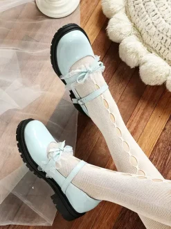 Escarpins plats Lolita en cuir PU bout rond lacets bleus et n艙uds