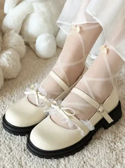 Escarpins plats Lolita en cuir PU bout rond lacets bleus et n艙uds