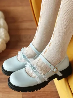 Escarpins plats Lolita en cuir PU bout rond lacets bleus et n艙uds