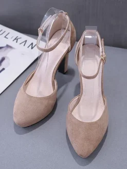 Escarpins pour femmes avec bride à la cheville  bout en amande  talon épais  talons noirs chics avec bride à la cheville