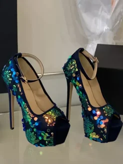 Escarpins sexy à paillettes plateforme bout ouvert bride cheville talons hauts