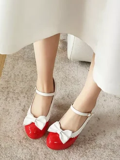 Escarpins Sweet Lolita Mary Jane à n艙uds roses bout rond talon compensé en cuir PU