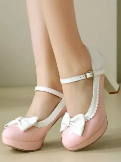 Escarpins Sweet Lolita Mary Jane à n艙uds roses bout rond talon compensé en cuir PU