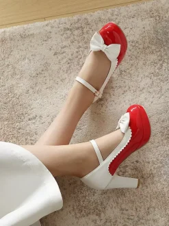 Escarpins Sweet Lolita Mary Jane à n艙uds roses bout rond talon compensé en cuir PU