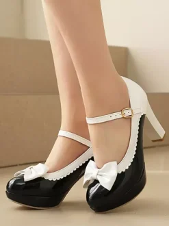 Escarpins Sweet Lolita Mary Jane à n艙uds roses bout rond talon compensé en cuir PU