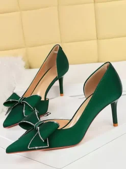 Escarpins Verts Femmes N艙ud Talons Hauts Élégants Bout Pointu Talon Aiguille Soie Et Satin
