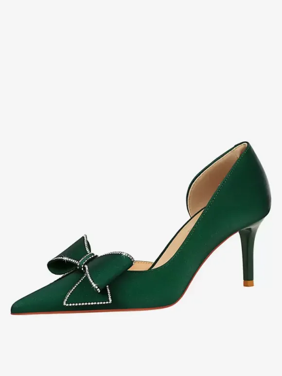 Escarpins Verts Femmes N艙ud Talons Hauts Élégants Bout Pointu Talon Aiguille Soie Et Satin