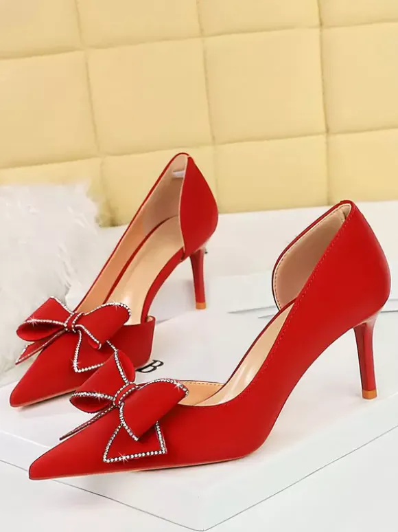Escarpins Verts Femmes N艙ud Talons Hauts Élégants Bout Pointu Talon Aiguille Soie Et Satin