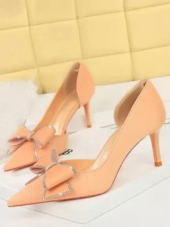 Escarpins Verts Femmes N艙ud Talons Hauts Élégants Bout Pointu Talon Aiguille Soie Et Satin