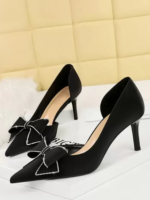 Escarpins Verts Femmes N艙ud Talons Hauts Élégants Bout Pointu Talon Aiguille Soie Et Satin