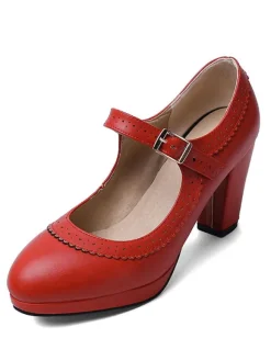 escarpins vintage femme ivoire en PU talon épais boucle réglable