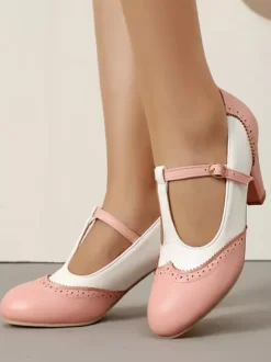 Escarpins vintage pour femmes bout rond bride en T talon compensé