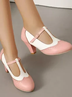 Escarpins vintage pour femmes bout rond bride en T talon compensé