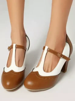 Escarpins vintage pour femmes bout rond bride en T talon compensé