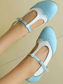 Escarpins vintage pour femmes bout rond bride en T talon compensé