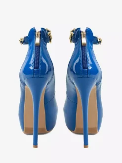 Escarpins bleus sexy à plateforme pour femmes bout rond talon aiguille et bride cheville
