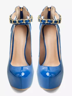Escarpins bleus sexy à plateforme pour femmes bout rond talon aiguille et bride cheville