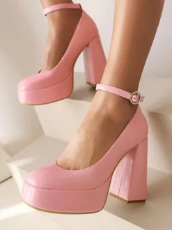 Escarpins à bout rond pour femmes Talons hauts Talon épais Tige en PU verni