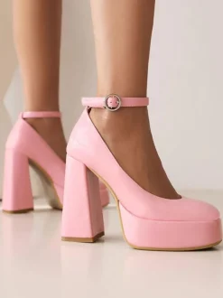 Escarpins à bout rond pour femmes Talons hauts Talon épais Tige en PU verni