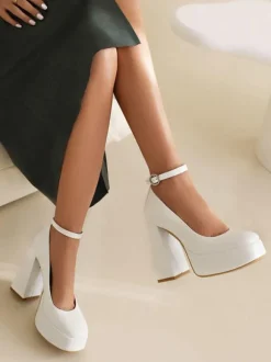 Escarpins à bout rond pour femmes Talons hauts Talon épais Tige en PU verni