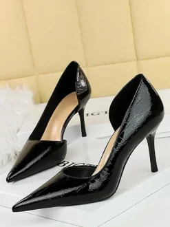 Escarpins chics à talons pour femmes bout pointu talon aiguille en PU verni