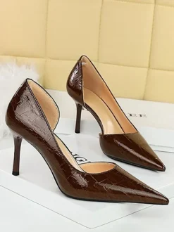 Escarpins chics à talons pour femmes bout pointu talon aiguille en PU verni