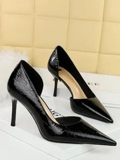 Escarpins chics à talons pour femmes bout pointu talon aiguille en PU verni