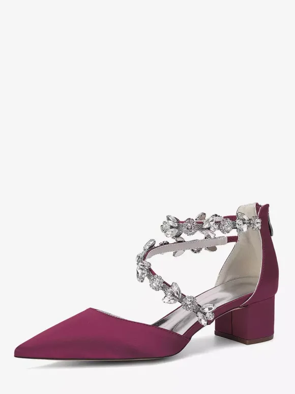 Escarpins de mariée en satin à bout pointu strass et brides talons compensés